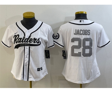 Women's Las Vegas Raiders #28 Josh Jacobs White Silver With Patch Cool Base Stitched Baseball Jersey(Run Small)