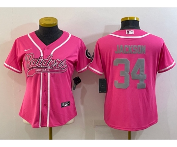 Women's Las Vegas Raiders #34 Bo Jackson Pink With Patch Cool Base Stitched Baseball Jersey