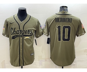 Men's Los Angeles Chargers #10 Justin Herbert Olive Salute to Service Cool Base Stitched Baseball Jersey