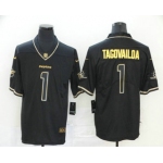 Men's Miami Dolphins #1 Tua Tagovailoa Black 100th Season Golden Edition Jersey