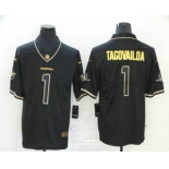 Men's Miami Dolphins #1 Tua Tagovailoa Black 100th Season Golden Edition Jersey