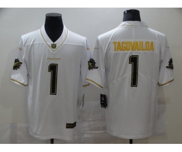 Men's Miami Dolphins #1 Tua Tagovailoa White 100th Season Golden Edition Jersey