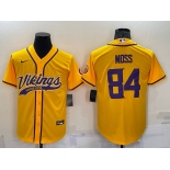 Men's Minnesota Vikings #84 Randy Moss Yellow With Patch Cool Base Stitched Baseball Jersey