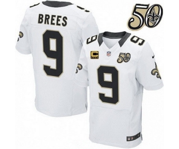 Men's New Orleans Saints #9 Drew Brees White 50th Season Patch Stitched NFL Nike Elite Jersey with C Patch