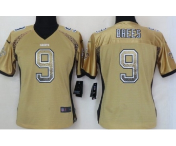 Nike New Orleans Saints #9 Drew Brees Drift Fashion Gold Womens Jersey