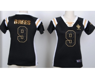 Nike New Orleans Saints #9 Drew Brees Drilling Sequins Black Womens Jersey