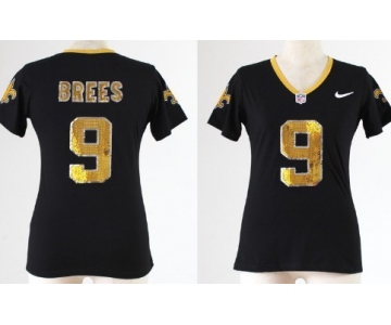 Nike New Orleans Saints #9 Drew Brees Handwork Sequin Lettering Fashion Black Womens Jersey