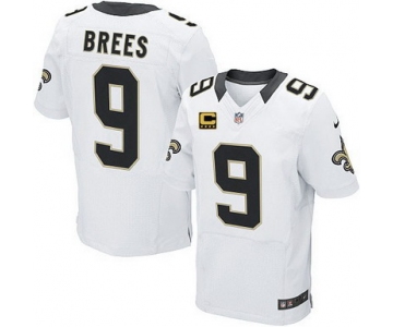 Nike New Orleans Saints #9 Drew Brees White C Patch Elite Jersey
