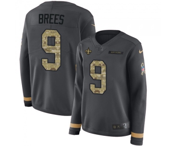 Nike Saints #9 Drew Brees Anthracite Salute to Service Men's Stitched NFL Limited Therma Long Sleeve Jersey