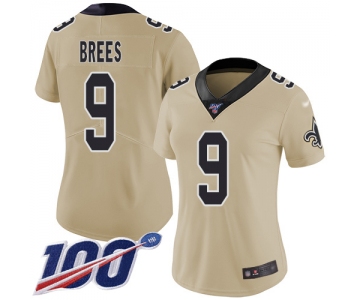 Nike Saints #9 Drew Brees Gold Women's Stitched NFL Limited Inverted Legend 100th Season Jersey