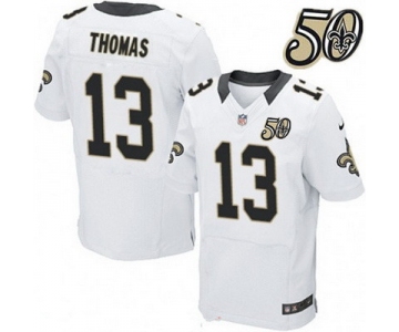 Men's New Orleans Saints #13 Michael Thomas White 50th Season Patch Stitched NFL Nike Elite Jersey