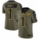 Men's Olive Philadelphia Eagles #1 Jalen Hurts 2021 Camo Salute To Service Golden Limited Stitched Jersey