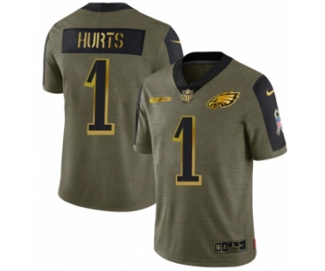 Men's Olive Philadelphia Eagles #1 Jalen Hurts 2021 Camo Salute To Service Golden Limited Stitched Jersey