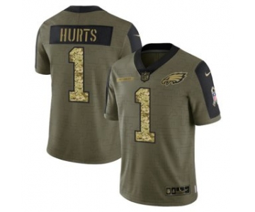 Men's Olive Philadelphia Eagles #1 Jalen Hurts 2021 Camo Salute To Service Limited Stitched Jersey