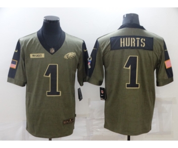Men's Philadelphia Eagles #1 Jalen Hurts 2021 Olive Salute To Service Limited Stitched Jersey