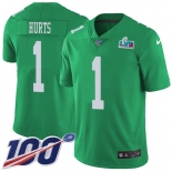 Men's Womens Youth Kids Philadelphia Eagles #1 Jalen Hurts Green Super Bowl LVII Patch Limited Rush 100th Season Jersey