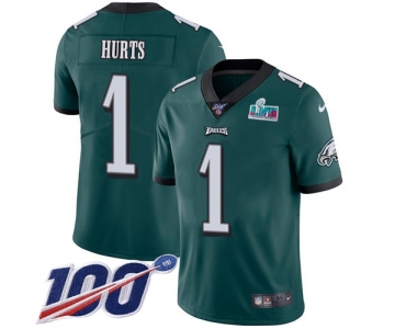 Men's Womens Youth Kids Philadelphia Eagles #1 Jalen Hurts Green Team Color Super Bowl LVII Patch 100th Season Vapor Limited Jersey