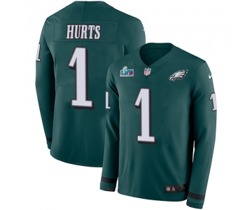 Men's Womens Youth Kids Philadelphia Eagles #1 Jalen Hurts Green Team Color Super Bowl LVII Patch Stitched Limited Therma Long Sleeve Jersey