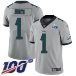 Men's Womens Youth Kids Philadelphia Eagles #1 Jalen Hurts Silver Super Bowl LVII Patch Limited Inverted Legend 100th Season Jersey