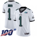 Men's Womens Youth Kids Philadelphia Eagles #1 Jalen Hurts White Super Bowl LVII Patch 100th Season Vapor Limited Jersey