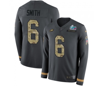 Men's Womens Youth Kids Philadelphia Eagles #6 DeVonta Smith Anthracite Super Bowl LVII Patch Salute To Service Limited Therma Long Sleeve Jersey