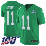 Men's Womens Youth Kids Philadelphia Eagles #11 AJ Brown Green Super Bowl LVII Patch Limited Rush 100th Season Jersey
