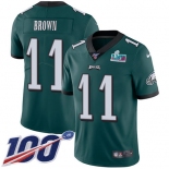Men's Womens Youth Kids Philadelphia Eagles #11 AJ Brown Green Team Color Super Bowl LVII Patch 100th Season Vapor Limited Jersey