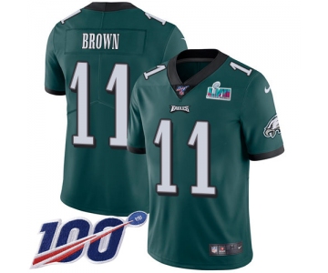 Men's Womens Youth Kids Philadelphia Eagles #11 AJ Brown Green Team Color Super Bowl LVII Patch 100th Season Vapor Limited Jersey