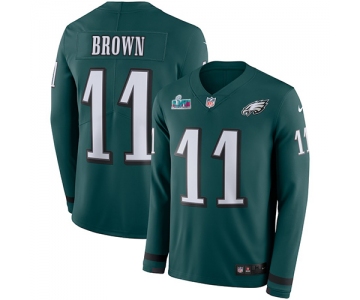 Men's Womens Youth Kids Philadelphia Eagles #11 A.J. Brown Green Team Color Super Bowl LVII Patch Stitched Limited Therma Long Sleeve Jersey