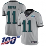 Men's Womens Youth Kids Philadelphia Eagles #11 AJ Brown Silver Super Bowl LVII Patch Limited Inverted Legend 100th Season Jersey