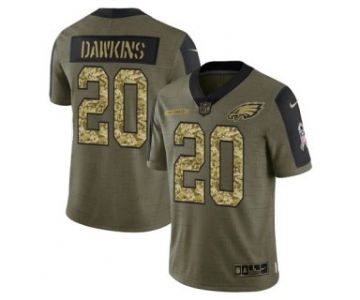 Men's Olive Philadelphia Eagles #20 Brian Dawkins 2021 Camo Salute To Service Limited Stitched Jersey