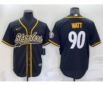 Men's Pittsburgh Steelers #90 T.J. Watt Black With Patch Cool Base Stitched Baseball Jersey