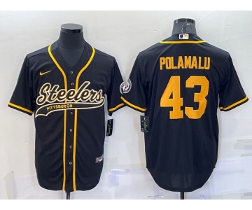Men's Pittsburgh Steelers #43 Troy Polamalu Black Gold With Patch Cool Base Stitched Baseball Jersey