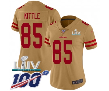 Nike 49ers #85 George Kittle Gold Super Bowl LIV 2020 Women's Stitched NFL Limited Inverted Legend 100th Season Jersey