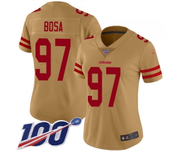 Nike 49ers #97 Nick Bosa Gold Women's Stitched NFL Limited Inverted Legend 100th Season Jersey