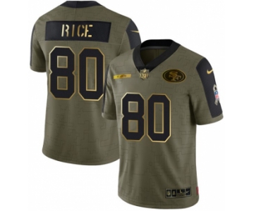 Men's Olive San Francisco 49ers #80 Jerry Rice 2021 Camo Salute To Service Golden Limited Stitched Jersey