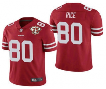 Men's San Francisco 49ers #80 Jerry Rice Red 75th Anniversary Patch 2021 Vapor Untouchable Stitched Nike Limited Jersey