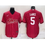 Men's San Francisco 49ers #5 Trey Lance Red Pinstripe With Patch Cool Base Stitched Baseball Jersey