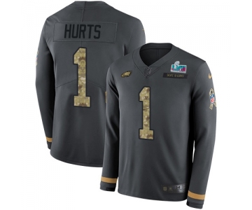 Mens Womens Youth Kids Philadelphia Eagles #1 Jalen Hurts Anthracite Salute To Service Super Bowl LVII Patch Stitched Limited Therma Long Sleeve Jersey