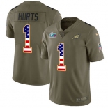 Mens Womens Youth Kids Philadelphia Eagles #1 Jalen Hurts Olive USA Flag Super Bowl LVII Patch Stitched Limited Salute To Service Jersey