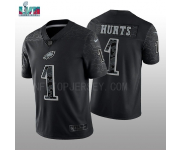 Mens Womens Youth Kids Philadelphia Eagles #1 Jalen Hurts Super Bowl LVII Patch Black RFLCTV Limited Jersey