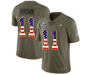 Mens Womens Youth Kids Philadelphia Eagles #11 A.J. Brown A.J. Brown Olive USA Flag Super Bowl LVII Patch Stitched Limited Salute To Service Jersey