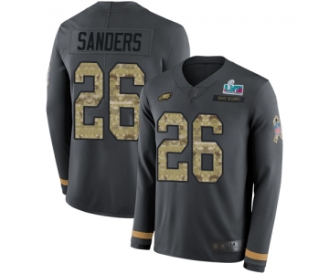 Mens Womens Youth Kids Philadelphia Eagles #26 Miles Sanders Anthracite Super Bowl LVII Patch Salute To Service Limited Therma Long Sleeve Jersey