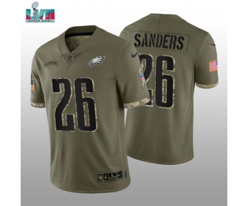 Mens Womens Youth Kids Philadelphia Eagles #26 Miles Sanders Super Bowl LVII Patch Olive 2022 Salute To Service Limited Jersey