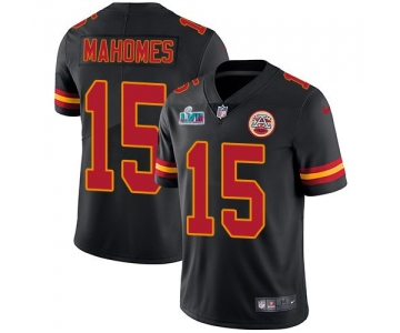 Mens Womens Youth Kids Kansas City Chiefs #15 Patrick Mahomes Black Super Bowl LVII Patch Stitched Limited Rush Jersey
