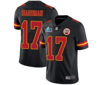 Mens Womens Youth Kids Kansas City Chiefs #17 Mecole Hardman Black Super Bowl LVII Patch Limited Rush Jersey