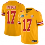Mens Womens Youth Kids Kansas City Chiefs #17 Mecole Hardman Gold Super Bowl LVII Patch Limited Inverted Legend Jersey