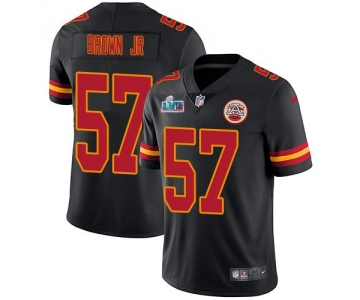Mens Womens Youth Kids Kansas City Chiefs #57 Orlando Brown Jr. Black Super Bowl LVII Patch Limited Rush Jersey