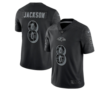 Mens Womens Youth Kids Baltimore Ravens #8 Lamar Jackson Black Nike NFL Black Reflective Limited Jersey