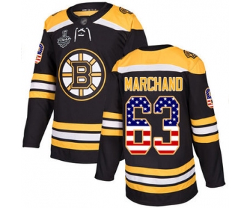 Men's Boston Bruins #63 Brad Marchand Black Home Authentic USA Flag 2019 Stanley Cup Final Bound Stitched Hockey Jersey